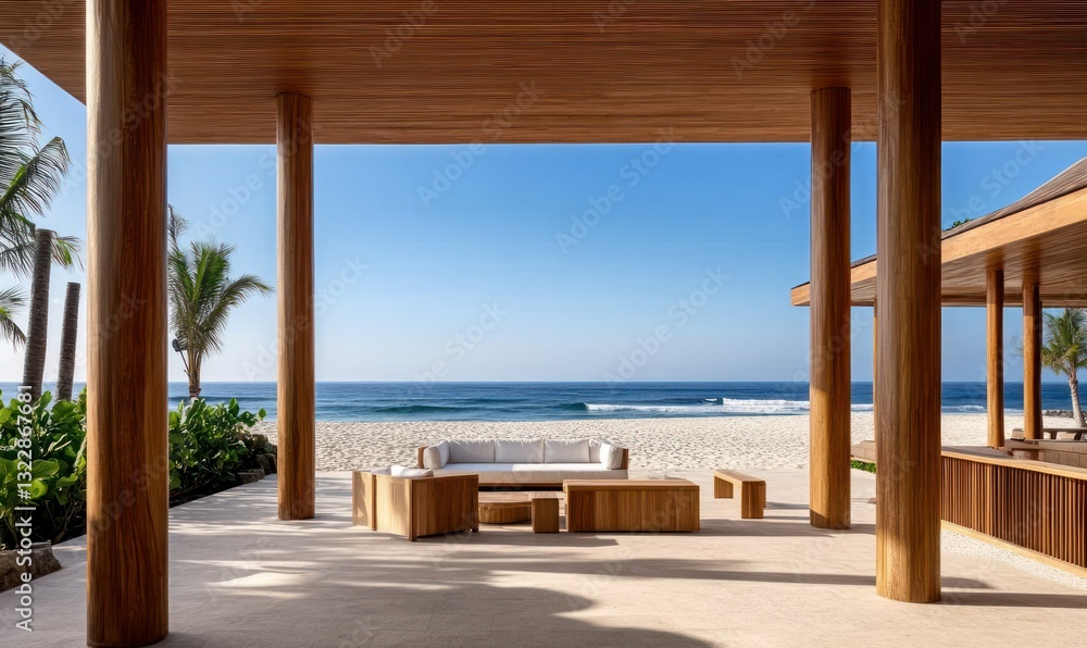 Serene Coastal Living Space with Wooden Elements and Tropical Landscape View Serene Coastal Living Space with Wooden Elements and Tropical Landscape View