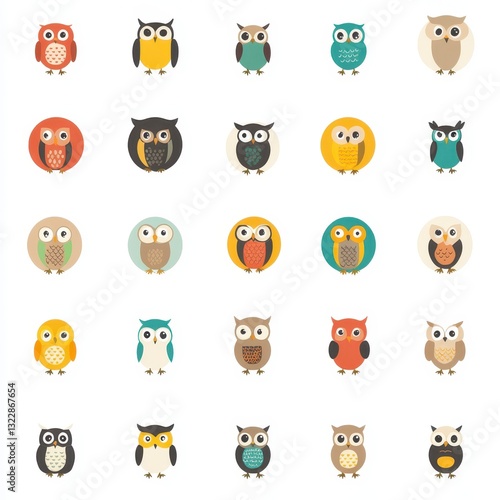 Colorful Cartoon Owls Collection on White Background for Design Use