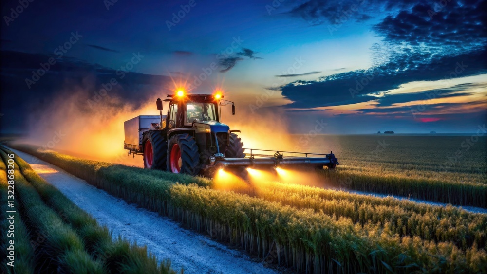 Fototapeta premium Low Light Tractor Spraying Wheat, Pest Control, Fertilizer Application, Night Farming, Agricultural Technology
