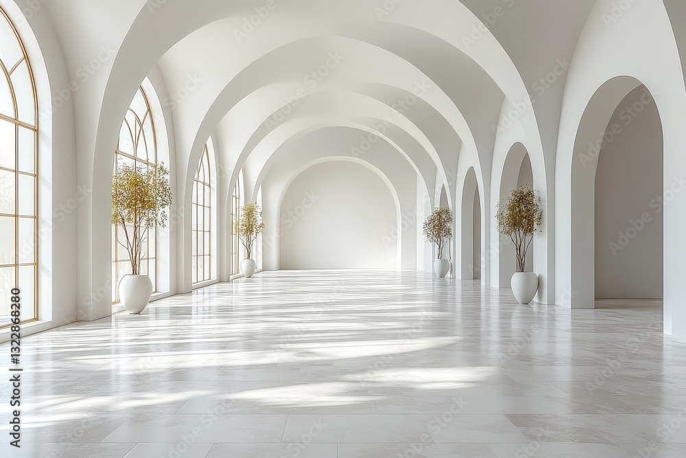 3D rendering of a white, empty room with arches on the walls and ceiling, minimalist design. 3D rendering of a white, empty room with arches on the walls and ceiling, minimalist design.