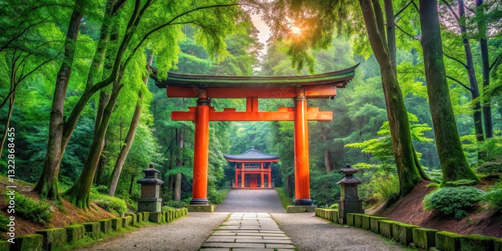 Serene Japanese shrine surrounded by vibrant greenery and majestic torii gates rising from the landscape , tranquil