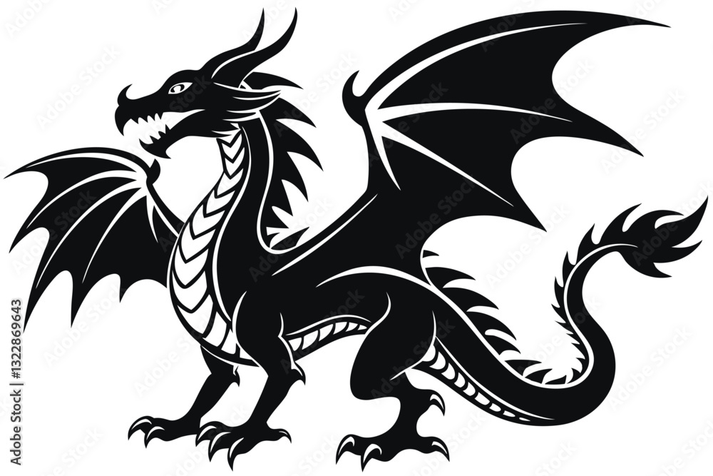 Vector drawing of a black dragon silhouette that sits Vector drawing of a black dragon silhouette that sits
