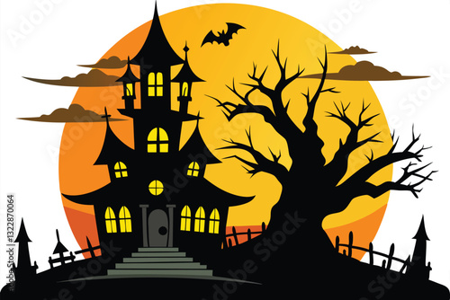 Witch or haunted house silhouette on the hill in a round shaped background. House, full moon, bats and pumpkins outline. Happy Halloween. Vector illustration