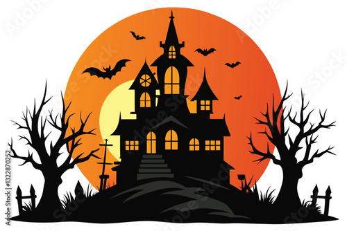 Witch or haunted house silhouette on the hill in a round shaped background. House, full moon, bats and pumpkins outline. Happy Halloween. Vector illustration