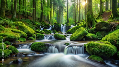 Softly cascading water over moss-covered rocks in a serene forest setting amidst tall trees and greenery, tranquility