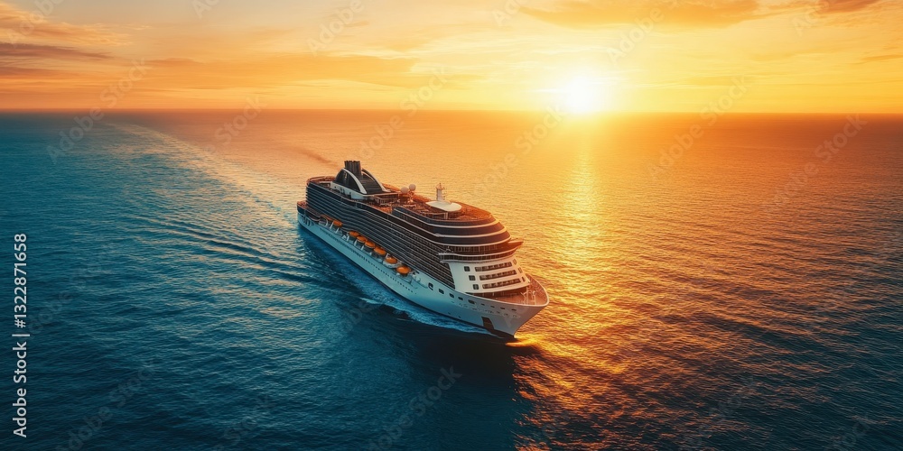 Majestic Cruise Ship Sailing into Golden Sunset Over Calm Ocean Majestic Cruise Ship Sailing into Golden Sunset Over Calm Ocean