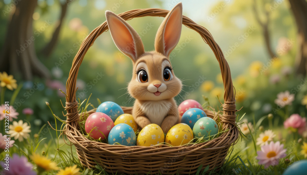 A cute easter bunny with eggs. A cute easter bunny with eggs.