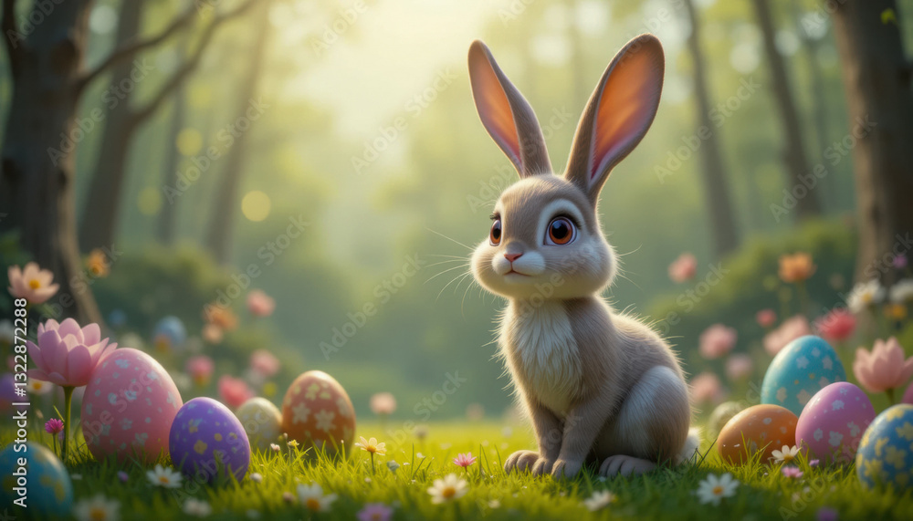 Fototapeta premium A cute easter bunny with eggs.