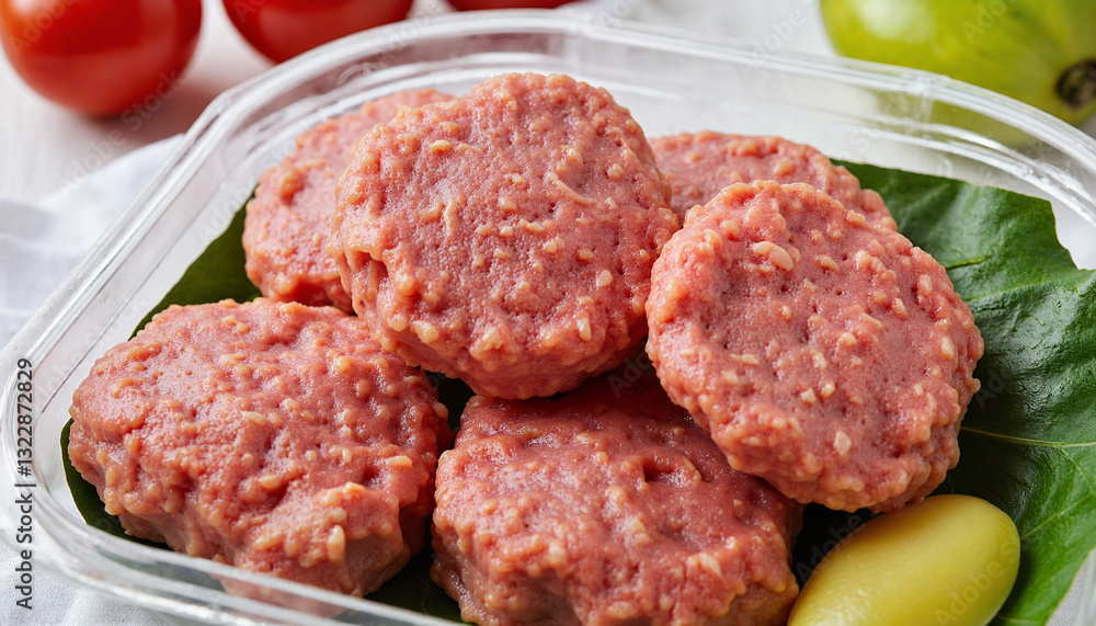 Raw meat patties on green leaf in plastic container Raw meat patties on green leaf in plastic container