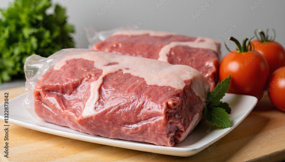 Raw beef cuts on white plate with fresh tomatoes Raw beef cuts on white plate with fresh tomatoes