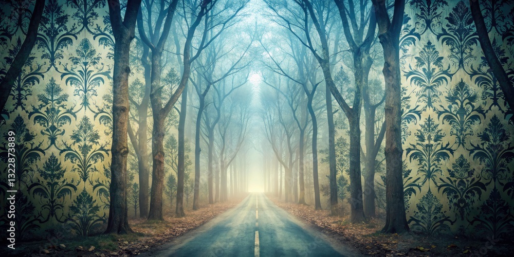Fototapeta premium Enigmatic Double Exposure of Damask Wallpaper and a Surreal Forest Road with Ghost Shadows for a Spooky Halloween Atmosphere