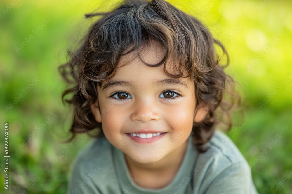 Happy child enjoying a sunny day in the park with green grass in the background smiling joyfully Happy child enjoying a sunny day in the park with green grass in the background smiling joyfully