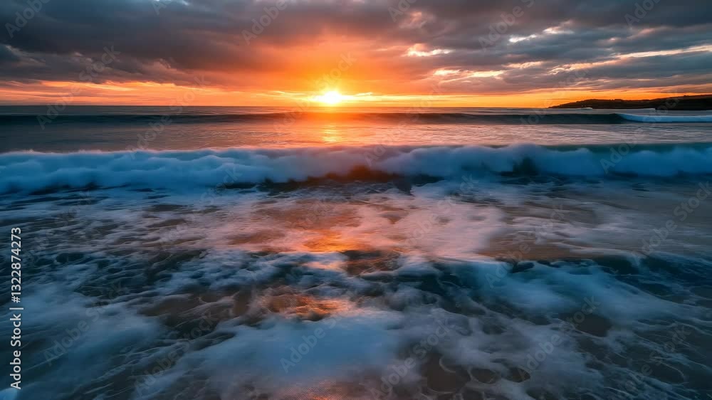Fiery Sunset Over Ocean Waves Fiery Sunset Over Ocean Waves