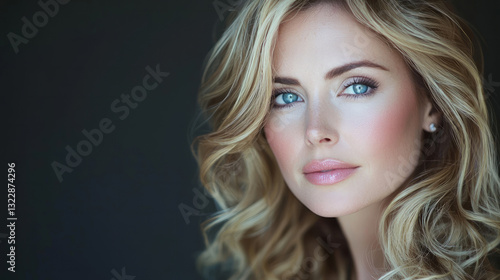 A portrait of an attractive woman with blonde hair and blue eyes, wearing soft, glamorous makeup, generative AI