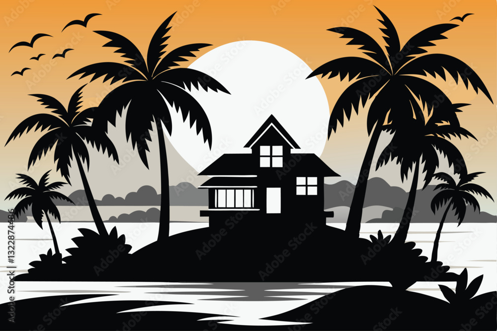 Obraz premium A silhouette house is in the water and palm trees sunset is in the background