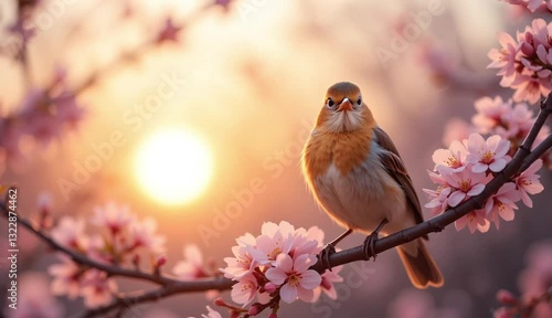 A cheerful bird perched on a cherry blossom branch, as the sun rises over a spring morning