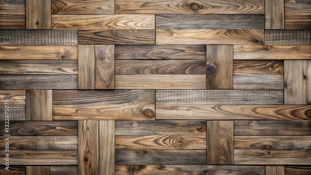 Distressed walnut wood plank on parquet background with gray effect , design, rustic, design Distressed walnut wood plank on parquet background with gray effect , design, rustic, design