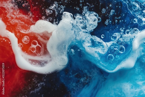 Abstract Colorful Bubbles in Liquid Water with Red, White, and Blue Swirls in Deep Background