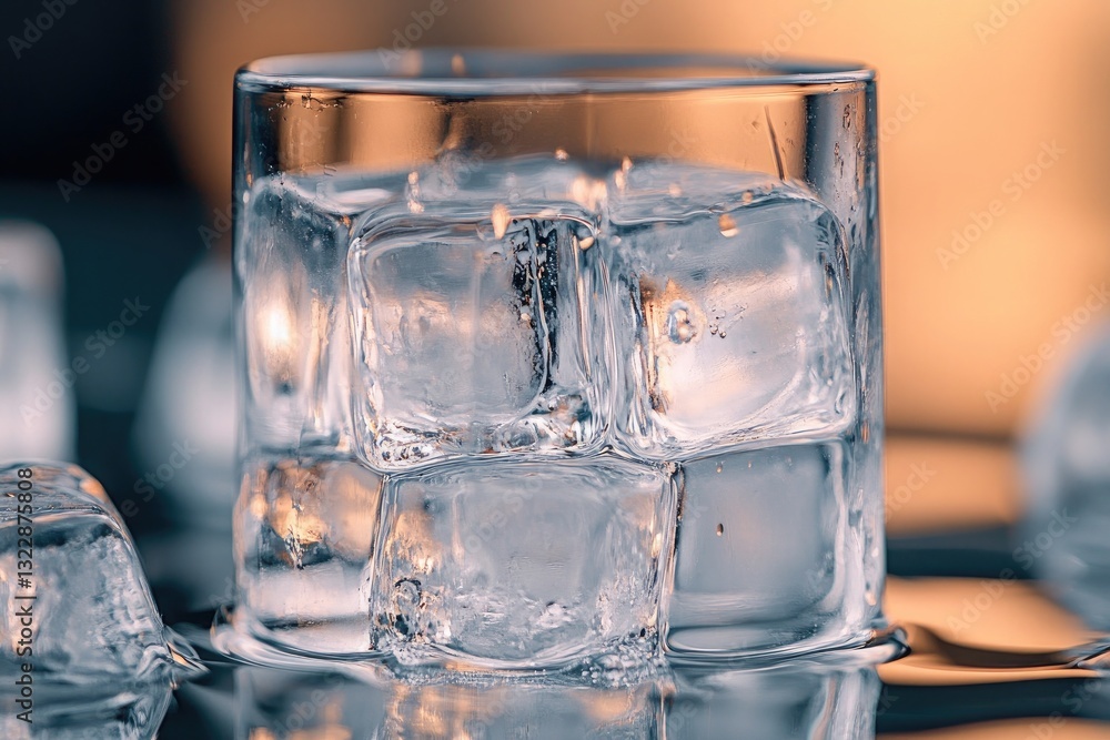 Closeup of a Glass Filled with Sparkling Ice Cubes on a Reflective Surface Closeup of a Glass Filled with Sparkling Ice Cubes on a Reflective Surface