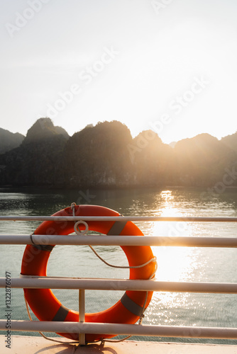 Beautiful landscape at golden hour from a boat. photo