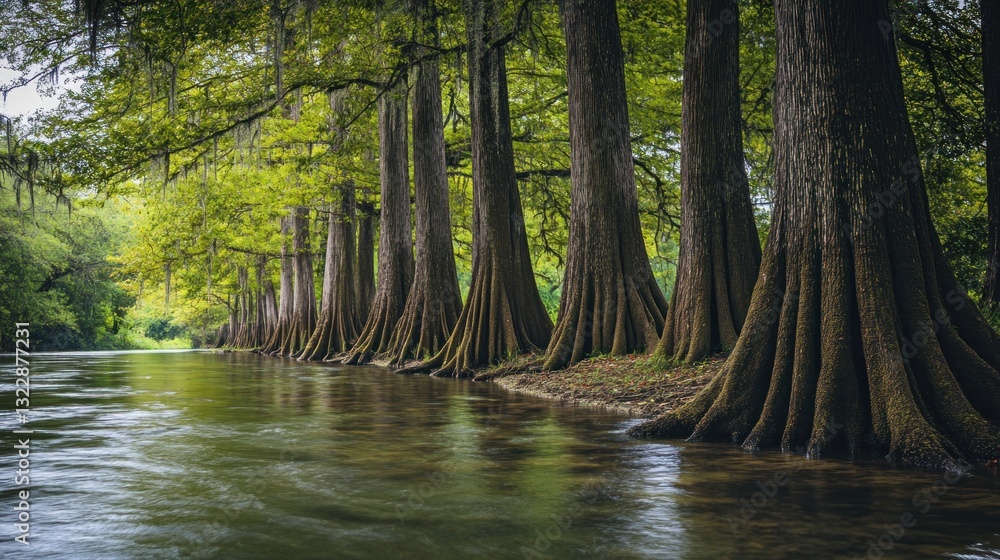 Obraz premium Tranquil waterway scene framed by a rhythmic row of majestic cypress trees
