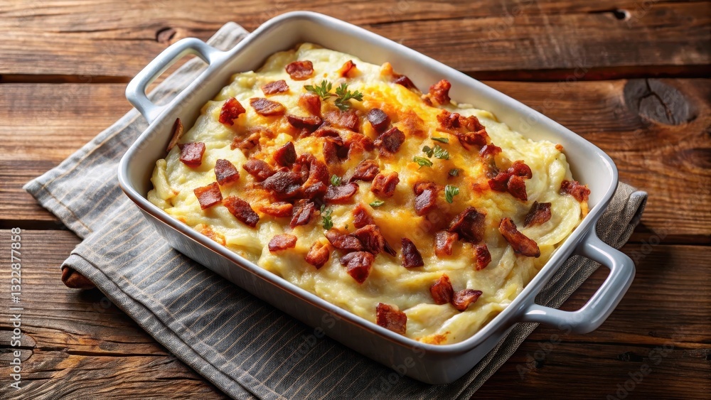 Golden brown casserole with creamy mashed potatoes and crunchy bacon on top, served hot from the oven, casserole Golden brown casserole with creamy mashed potatoes and crunchy bacon on top, served hot from the oven, casserole