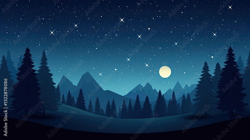 Dramatic nighttime abstract background concept. A serene night scene with mountains, trees, a starry sky, and a glowing full moon. Dramatic nighttime abstract background concept. A serene night scene with mountains, trees, a starry sky, and a glowing full moon.
