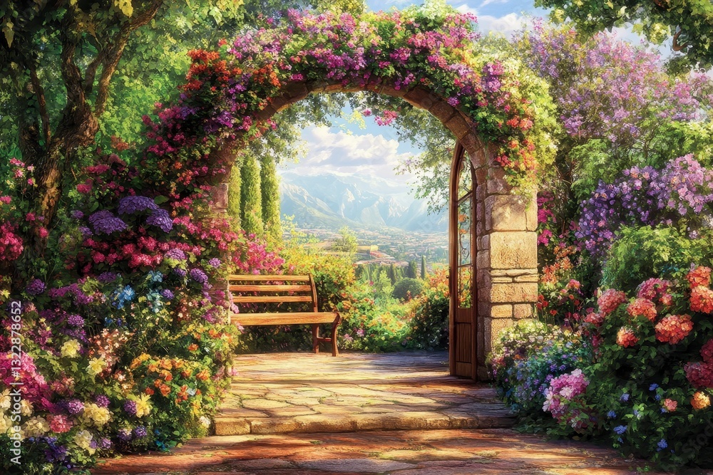 Fototapeta premium Serene Garden Archway Overgrown with Colorful Blossoms and Greenery