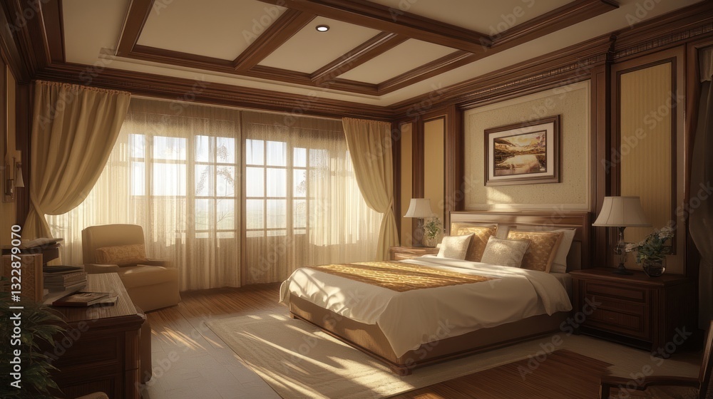 Fototapeta premium Elegant bedroom interior with sunlight streaming through windows