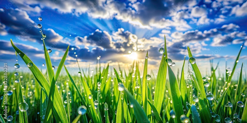 Obraz premium Macro Photography of Vibrant Green Grass Field Under a Clear Blue Sky with Fluffy White Clouds - Nature Landscape Background for Serenity and Outdoors Imagery