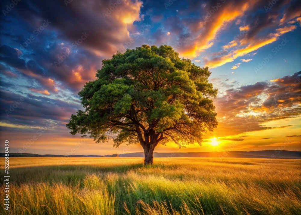 Fototapeta premium A solitary tree stands tall against a vibrant sunset, its autumn leaves detailed in a close-up rural landscape.