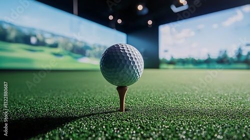 Golf ball balanced on a tee, ready for a swing in a digital golf simulator environment