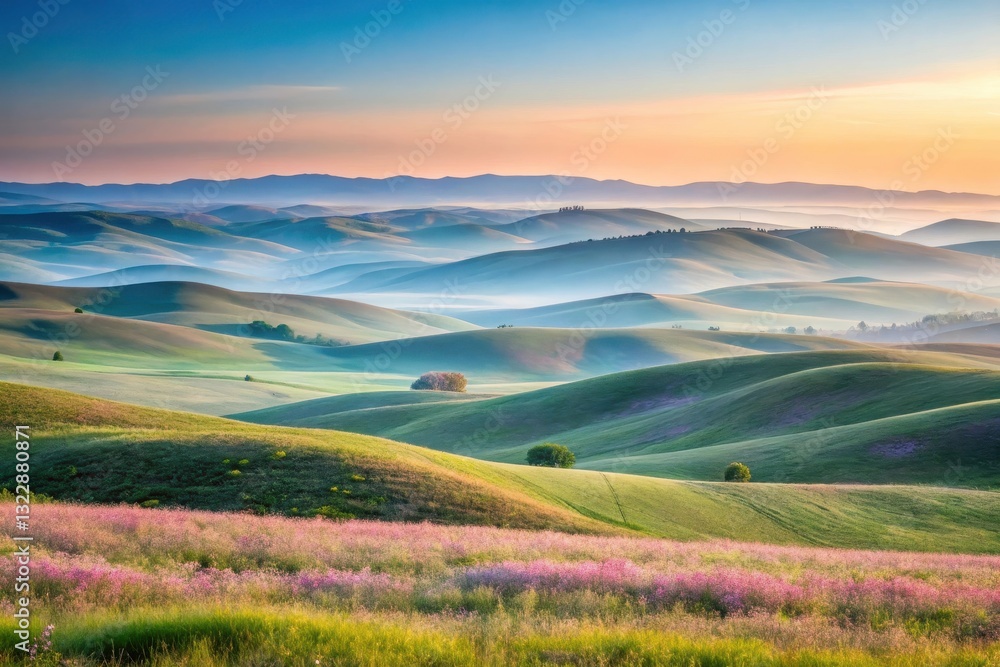 Fototapeta premium Serene Sunrise Over Rolling Hills and Wildflowers A Breathtaking Panorama of Undulating Landscape