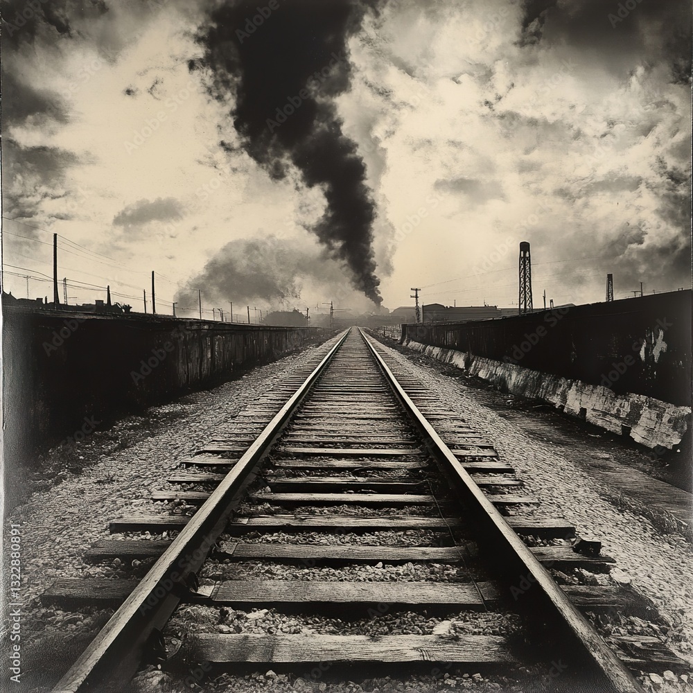 Fototapeta premium Railroad Tracks Leading to Industrial Landscape