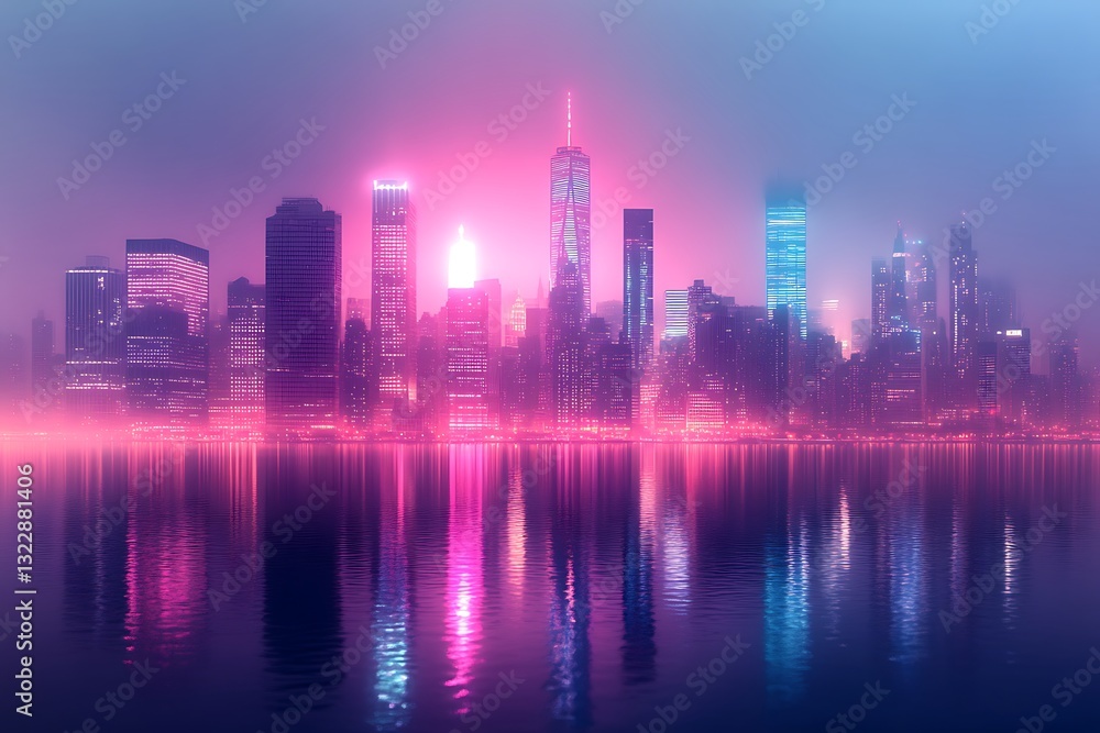 Fototapeta premium Reflective Skyline of Buildings Illuminated by Neon Lights
