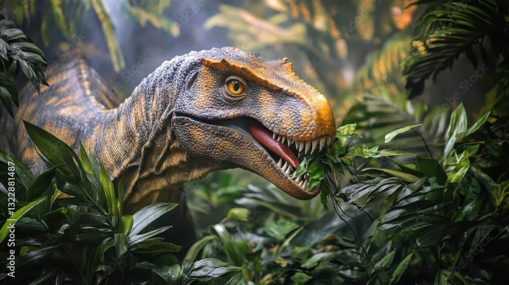 Obraz premium A realistic dinosaur enjoys some leaves surrounded by lush green plants