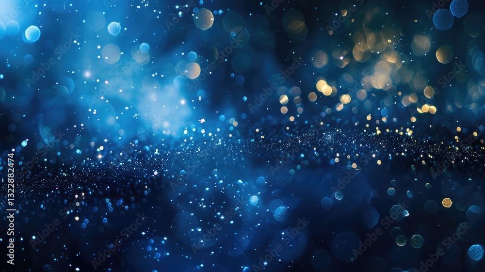 Fototapeta premium The picture of vague visual of sparkling particles scattered across a deep blue background, create an abstract bokeh effect perfect for designs that aim to evoke a sense of wonder and fantasy. AIG53.
