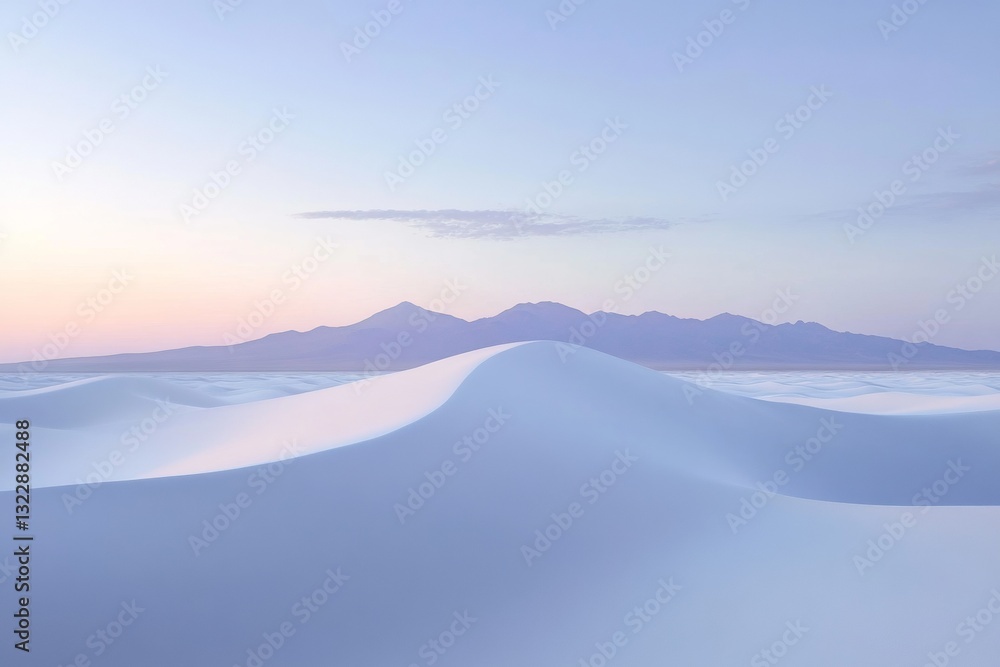 Sand dune landscape shows a white sand dune under a pastel sky with a mountain range in the distance Sand dune landscape shows a white sand dune under a pastel sky with a mountain range in the distance