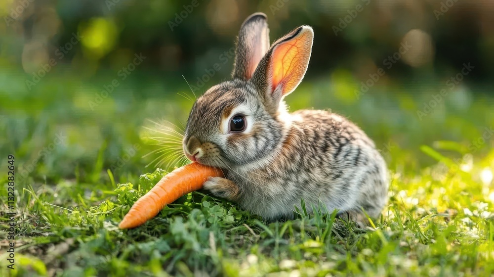 Fototapeta premium A small fluffy rabbit eating a bright orange carrot on grass