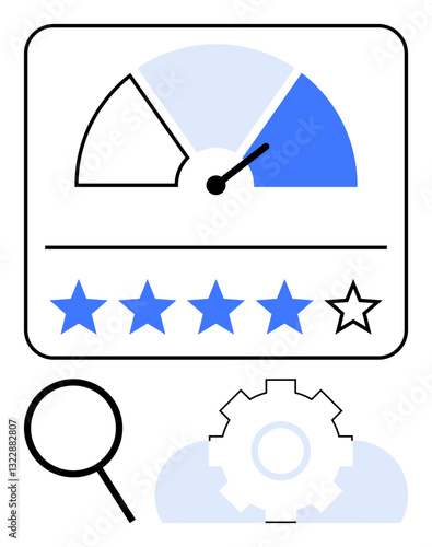 Speedometer-style gauge with pointer, five-star rating row, magnifying glass, gear, and cloud graphic. Ideal for performance, rating, review inspection analysis optimization productivity. Flat