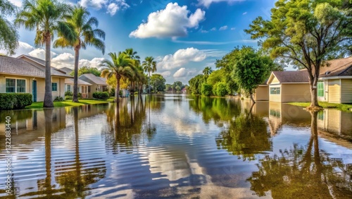 Waterlogged suburban streets with flooded homes in Florida