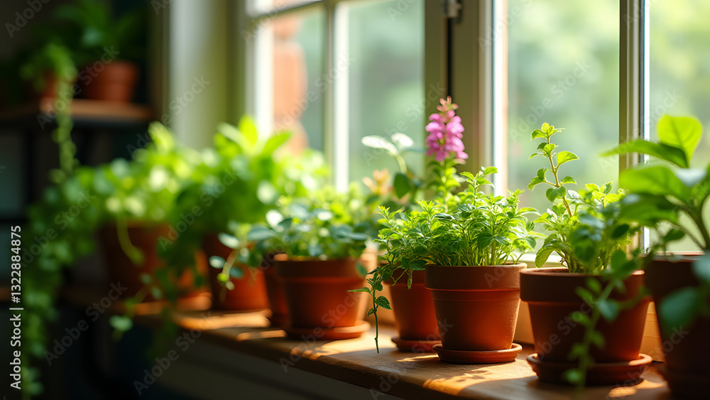 A close-up of a shelf filled with small potted plants showcases various textures and colors. The sunlight creates a warm atmosphere, evoking life and the beauty of nurturing plants indoors. A close-up of a shelf filled with small potted plants showcases various textures and colors. The sunlight creates a warm atmosphere, evoking life and the beauty of nurturing plants indoors.