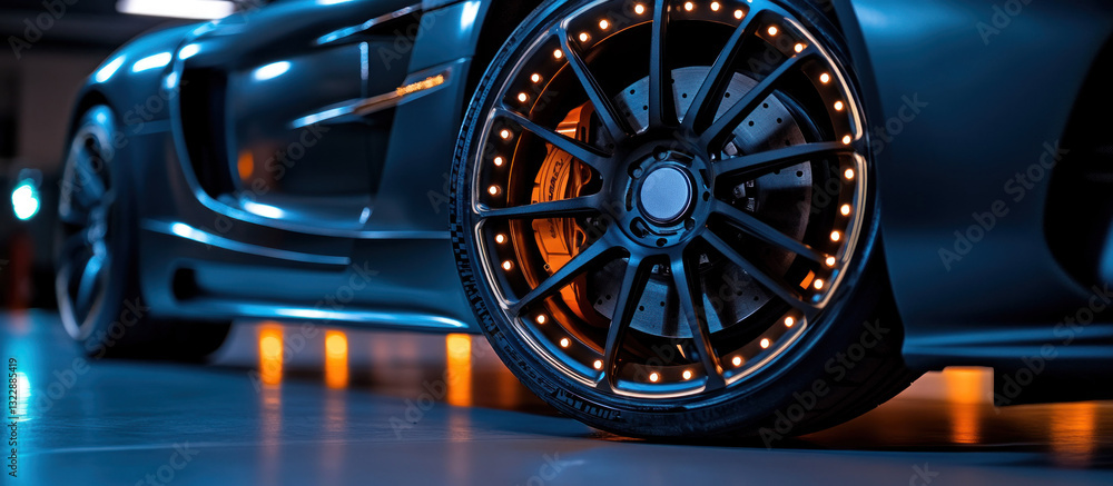 Close-Up View of Sport Car Wheel with LED Lights and Modern Design in Garage Setting