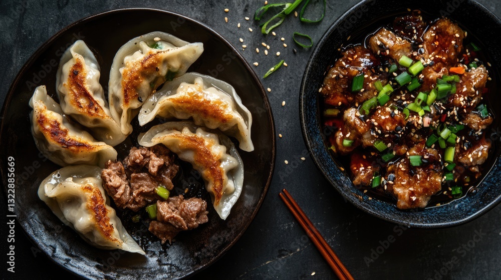 Gyoza and Beef with Sesame Seeds and Green Onions Gyoza and Beef with Sesame Seeds and Green Onions