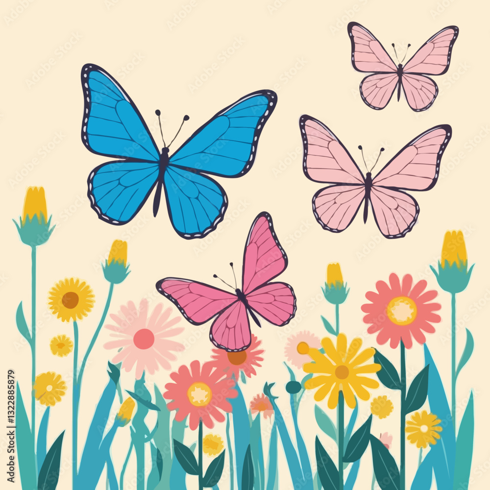 Obraz premium colorful butterflies fluttering around vibrant flowers in a whimsical garden scene. Butterflies with different colors are shown along with some flower