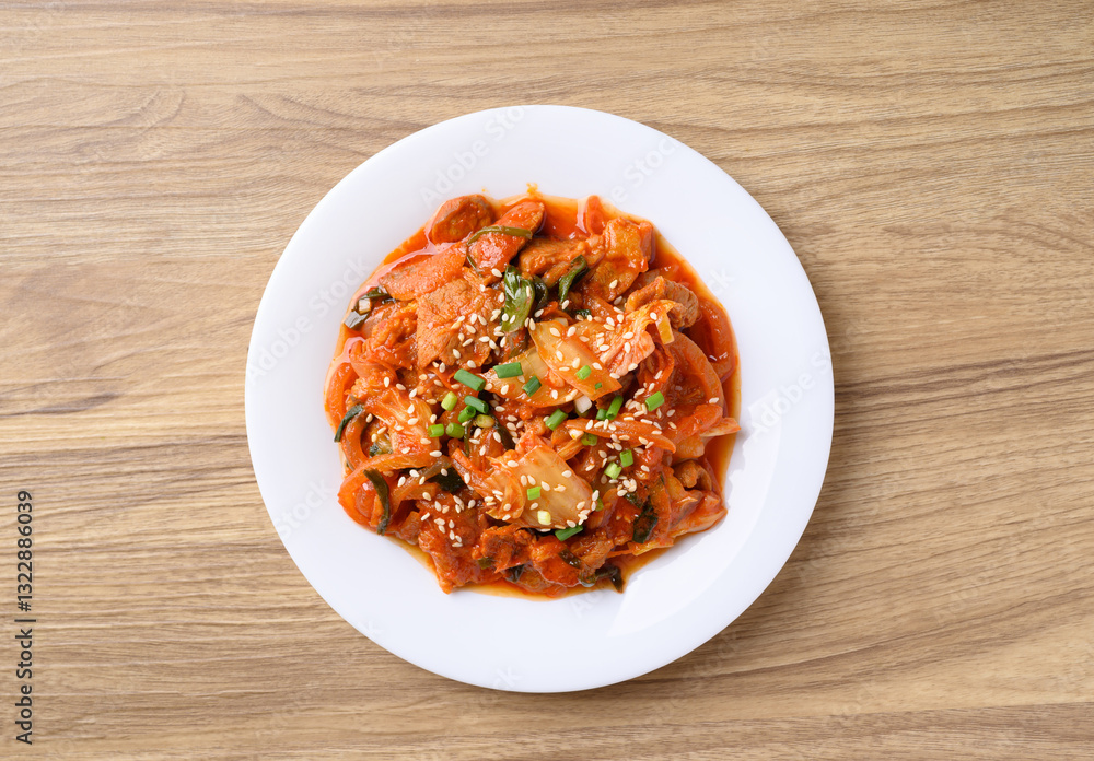 Stir fried kimchi cabbage with pork on plate, Korean food, Table top view