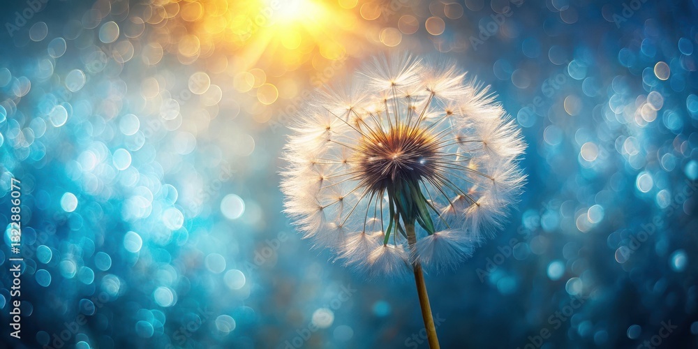 Fototapeta premium Delicate dandelion flower blooms in a fragmented, abstract blue background with warm sunrays softly illuminating its petals , botanical, dandelion flower