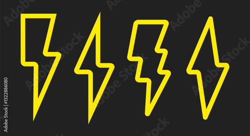 Lightning bolt icon set. Electric energy power sign. Flat vector illustration isolated on black background.