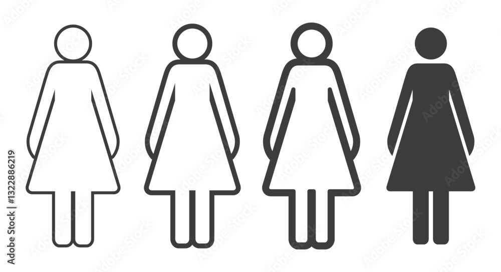 Simple icon set of a woman figure made of thin lines, thick lines and silhouette. Flat vector illustration isolated on white background. Simple icon set of a woman figure made of thin lines, thick lines and silhouette. Flat vector illustration isolated on white background.