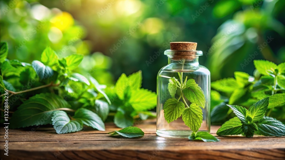 Aromatic oil glass bottle filled with fresh green patchouli leaves sitting on a wooden desk surrounded by lush plants and natural elements, aromatic, essential oil Aromatic oil glass bottle filled with fresh green patchouli leaves sitting on a wooden desk surrounded by lush plants and natural elements, aromatic, essential oil